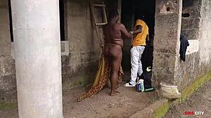electrician pounds boss lady outdoors by factory house