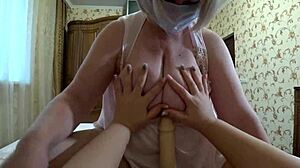 mature lesbian rides girlfriend's strapon as big tits and juicy bbw ass shake in panties
