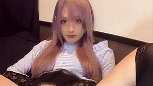 pink haired crossdresser vibes anal in solo play