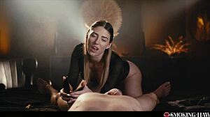 pov blonde smokes cig teases into blowjob handjob facial