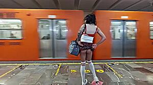 Tranny schoolgirl's big tits bounce on public metro ride