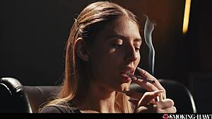 pov blonde smokes cig teases into blowjob handjob facial