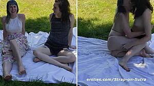 peach and daisy strap-on fuck outdoors, licking hairy pussies and scissoring!! 😍