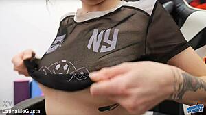 puffy tits round ass pawg denim shorts