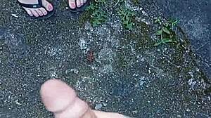 Skinny tattooed babe sucks cock in public yard