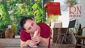 A PRETTY LADY IN RED DRESS SUCKS FUCKS DILDO WITH FOOTJOB!