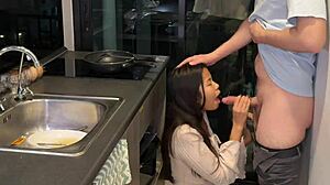 Tiny Asian Teen Fucked Hard by Big White Cock in Kitchen!