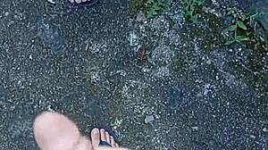 Skinny tattooed babe sucks cock in public yard