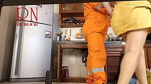 Cheating Housewife Seduces Plumber as Cuckold Watches