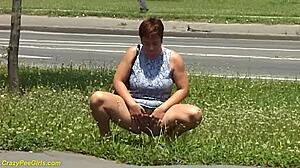 Redhead BBW MILF Squats and Pees in Public Outdoor Fetish Show