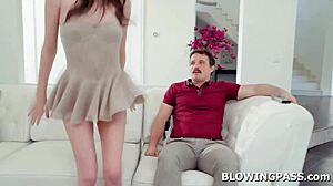 Petite brunette teen deepthroats stepdad's monster cock until he explodes cum