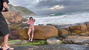 skinny brazilian beach flashing led to raw fuck behind rocks!