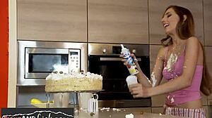 Athletic small tits lesbians wrestle food play before intense muff diving oral sex