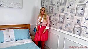 Lady Lucy Gresty strips fully from skirt stockings heels lipstick to total nudity