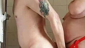 Kelly pegs Mark ass-to-mouth in kitchen shower closeup