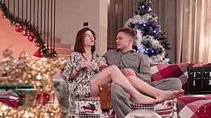 as a christmas gift he pumps cum deep inside glasses wearing beauty's tight pussy