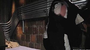 Latex femdom pegs bound masked man's ass deep