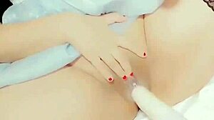 tiny chinese teen masturbates pussy on cock machine closeup