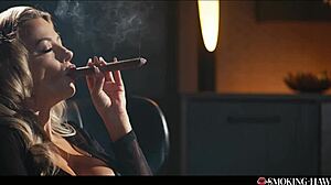 damn this horny milf's huge tits bounce while she masturbates smokes and blows