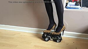 high heels crush toy car in garage play