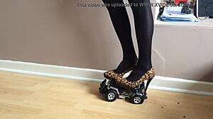 high heels crush toy car in garage play