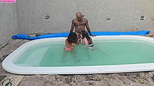 jerking off poolside then creampie fucking two sexy black lingerie babes