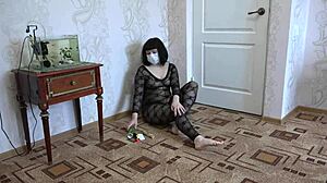 a brunette in sexy suit fucks shaved pussy with markers phone and bottle in homemade fetish clip