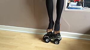 high heels crush toy car in garage play