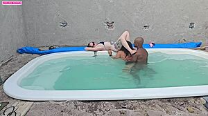 jerking off poolside then creampie fucking two sexy black lingerie babes
