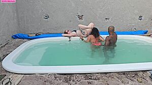 jerking off poolside then creampie fucking two sexy black lingerie babes