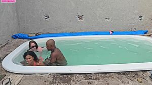 jerking off poolside then creampie fucking two sexy black lingerie babes