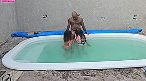 jerking off poolside then creampie fucking two sexy black lingerie babes