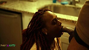 Kitchen face fuck leads to bedroom creampie cowgirl pounding