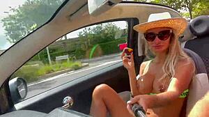 hey monika fox stripping naked cruising city car tits out!