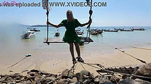 Petite Blonde Milf Vibrator Buzzes Pussy on Public Beach Walk