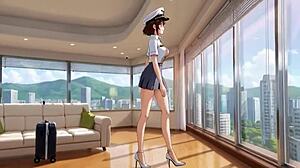 Desperate horny stewardess masturbates wildly before intense hentai fucking orgasm