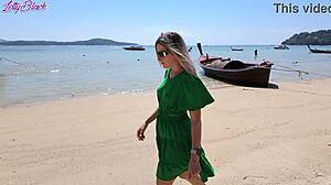 Petite Blonde Milf Vibrator Buzzes Pussy on Public Beach Walk