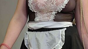 Housekeeper student babe gags on huge cock in kitchen rough play