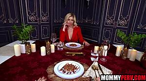 blonde stepmom bends over restaurant table for taboo fuck