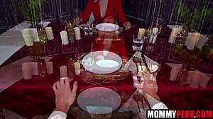 blonde stepmom bends over restaurant table for taboo fuck