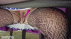 Vibrator remote control triggers squirt orgasm at public camp!