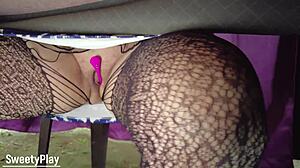 Vibrator remote control triggers squirt orgasm at public camp!