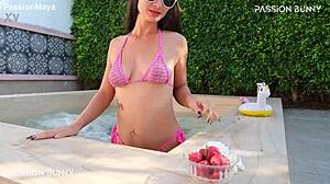 Petite Bikini Girl Flashes Neighbors Poolside Early Morning