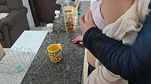 A stepdaughter gets surprised during breakfast in the kitchen 😲🍳💦