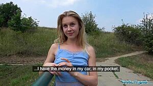 public agent i fuck this horny blonde's tight body for cash in forest