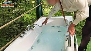 Client makes receptionist bathe then suck his throbbing cock eagerly.