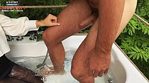Client makes receptionist bathe then suck his throbbing cock eagerly.