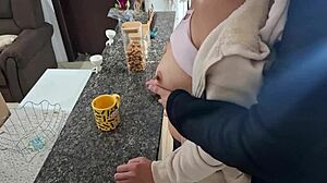 A stepdaughter gets surprised during breakfast in the kitchen 😲🍳💦