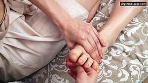 oiled virgin teen's pussy lips and feet massaged first time