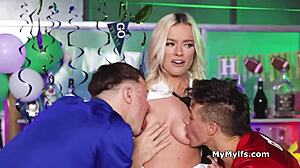 sexy blonde bartender gets freeused and shared by horny guys in hardcore threesome game